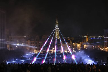 Visitors view an artistic light installation on the Bright Brussels Festival in Brussels, Belgium on 19th Feb. 2022. Bright Brussels is a light festival, a fascinating route through the city.