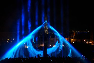 Visitors view an artistic light installation on the Bright Brussels Festival in Brussels, Belgium on 19th Feb. 2022. Bright Brussels is a light festival, a fascinating route through the city.