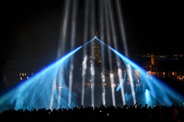 Visitors view an artistic light installation on the Bright Brussels Festival in Brussels, Belgium on 19th Feb. 2022. Bright Brussels is a light festival, a fascinating route through the city.