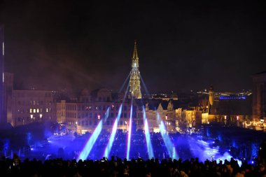 Visitors view an artistic light installation on the Bright Brussels Festival in Brussels, Belgium on 19th Feb. 2022. Bright Brussels is a light festival, a fascinating route through the city.