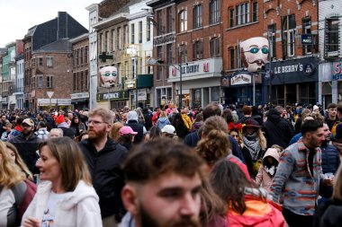Crowd of people during the carnival festivities  in streets of Binche in Belgium on 19th Feb. 2023, 
