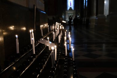Many burning candles in St. Stephen s Basilica in Budapest, Hungary on December 21,2022.