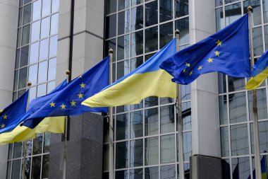 Flags of Ukraine and EU fly in front of the EU Parliament building on the first anniversary of the Russian invasion, in Brussels, Belgium February 24, 2023