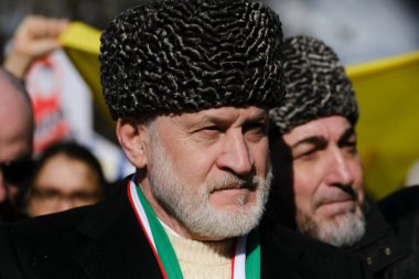Akhmed Zakayev, Prime Minister of the Chechen Republic of Ichkeria government-in-exile during a demonstration for the first anniversary of the Russian invasion in Brussels, Belgium on Feb. 25, 2023.