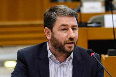 Nikos Androulakis, President of the Movement for Change and the Panhellenic Socialist Movement during a European Parliament's Inquiry Committee on the use of spyware in Brussels, Belgium on February 28, 2023.