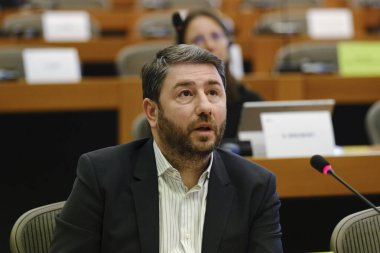 Nikos Androulakis, President of the Movement for Change and the Panhellenic Socialist Movement during a European Parliament's Inquiry Committee on the use of spyware in Brussels, Belgium on February 28, 2023.