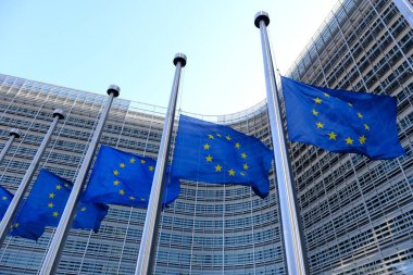 European flags fly at half-mast  at headquarters of European Commission in homage to the victims of trains collide in Greece, in Brussels, Belgium on March 01, 2023.