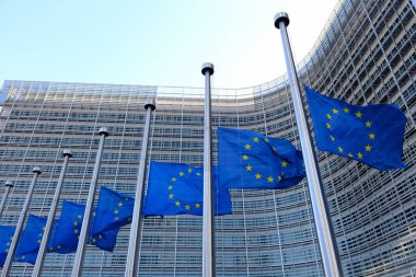 European flags fly at half-mast  at headquarters of European Commission in homage to the victims of trains collide in Greece, in Brussels, Belgium on March 01, 2023.