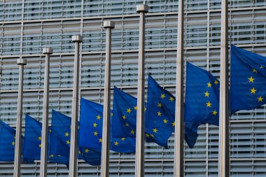 European flags fly at half-mast  at headquarters of European Commission in homage to the victims of trains collide in Greece, in Brussels, Belgium on March 01, 2023.