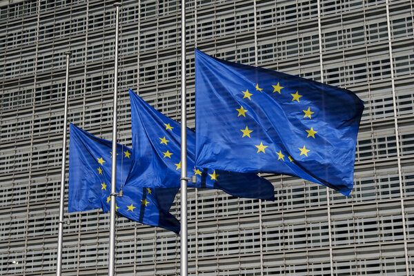 European flags fly at half-mast  at headquarters of European Commission in homage to the victims of trains collide in Greece, in Brussels, Belgium on March 01, 2023.