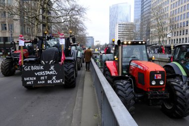 Farmers with their tractors from Belgium's northern region of Flanders take part in a protest against a new regional government plan to limit nitrogen emissions, in Brussels, Belgium on March 3, 2023.