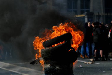 Tires are burning during a protest of farmers from Belgium's northern region of Flanders, against a new regional government plan to limit nitrogen emissions, in Brussels, Belgium March 3, 2023.