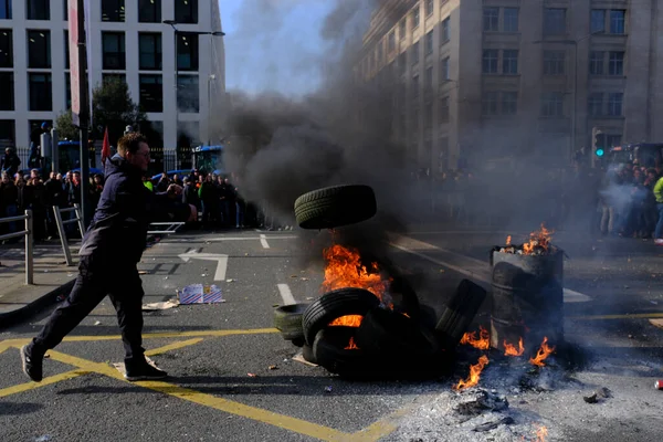 Tires are burning during a protest of farmers from Belgium's northern region of Flanders, against a new regional government plan to limit nitrogen emissions, in Brussels, Belgium March 3, 2023.