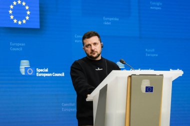 Ukrainian President Volodymyr Zelenskiy attends a news conference during the European leaders summit in Brussels, Belgium February 9, 2023.