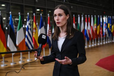 Finnish Prime Minister, Sanna Marin gives a press conference in Brussels, Belgium February 10, 2023.