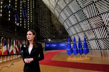 Finnish Prime Minister, Sanna Marin gives a press conference in Brussels, Belgium February 10, 2023.