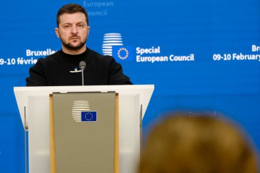 Ukrainian President Volodymyr Zelenskiy attends a news conference during the European leaders summit in Brussels, Belgium February 9, 2023.