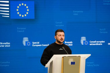 Ukrainian President Volodymyr Zelenskiy attends a news conference during the European leaders summit in Brussels, Belgium February 9, 2023.