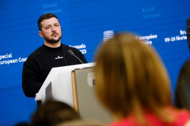 Ukrainian President Volodymyr Zelenskiy attends a news conference during the European leaders summit in Brussels, Belgium February 9, 2023.