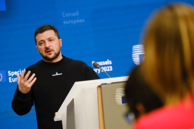 Ukrainian President Volodymyr Zelenskiy attends a news conference during the European leaders summit in Brussels, Belgium February 9, 2023. clipart