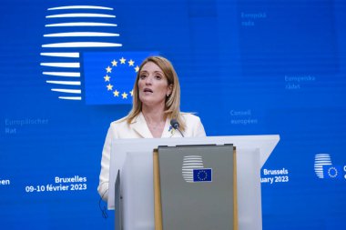  President of the European Parliament Roberta Metsola gives a press conference in Brussels, Belgium February 9, 2023.