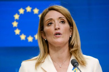  Avrupa Parlamentosu Başkanı Roberta Metsola 9 Şubat 2023 'te Brüksel' de basın toplantısı düzenledi..