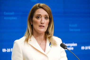  President of the European Parliament Roberta Metsola gives a press conference in Brussels, Belgium February 9, 2023.