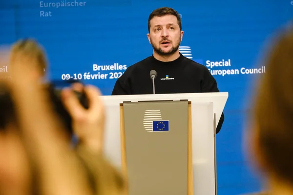 stock image Ukrainian President Volodymyr Zelenskiy attends a news conference during the European leaders summit in Brussels, Belgium February 9, 2023.