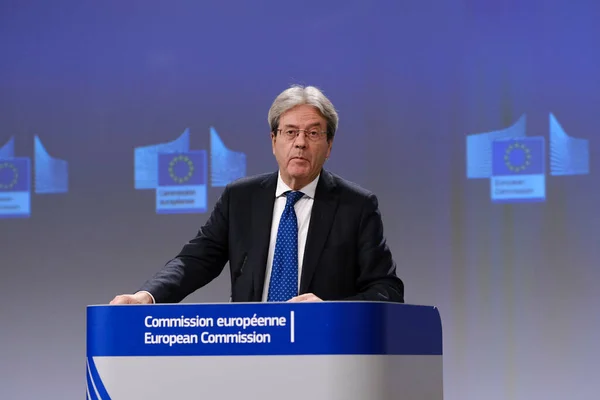 stock image EU Commission Vice-President Valdis Dombrovskis and EU  Commissioner  Paolo Gentiloni hold joint press conference in Brussels, Belgium on March 08, 2023. 