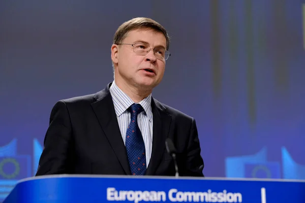 stock image EU Commission Vice-President Valdis Dombrovskis and EU  Commissioner  Paolo Gentiloni hold joint press conference in Brussels, Belgium on March 08, 2023. 