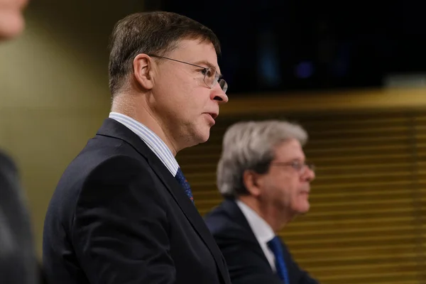 stock image EU Commission Vice-President Valdis Dombrovskis and EU  Commissioner  Paolo Gentiloni hold joint press conference in Brussels, Belgium on March 08, 2023. 