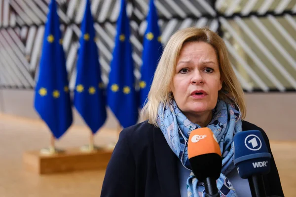 stock image Minister  Nancy FAESER arrives to attend in a Justice and Home Affairs Council at the EU headquarters in Brussels, Belgium on March 9, 2023.