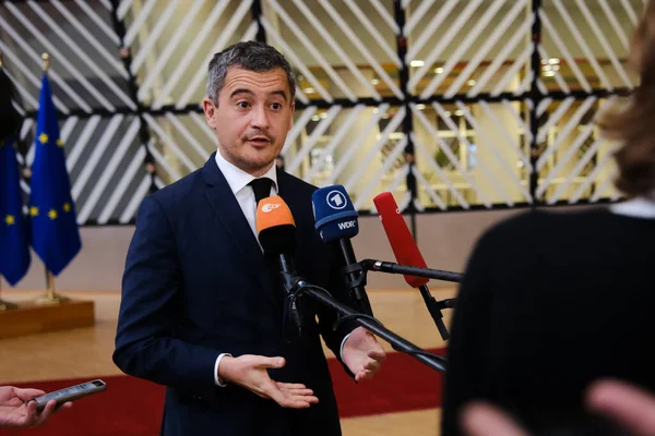 stock image Minister Gerald DARMANIN arrives to attend in a Justice and Home Affairs Council at the EU headquarters in Brussels, Belgium on March 9, 2023.