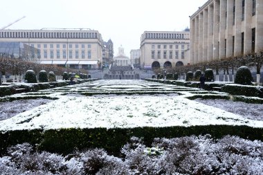8 Mart 2023 'te Brüksel, Belçika' da kar yağışı sırasında bir halk parkı manzarası