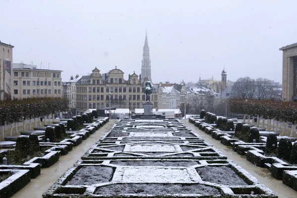 View Public Park Snowfall City Brussels Belgium March 2023 — Stock Photo, Image