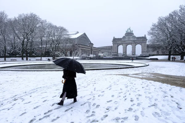 People Walk Snowfall City Brussels Belgium March 2023 — Stock Photo, Image