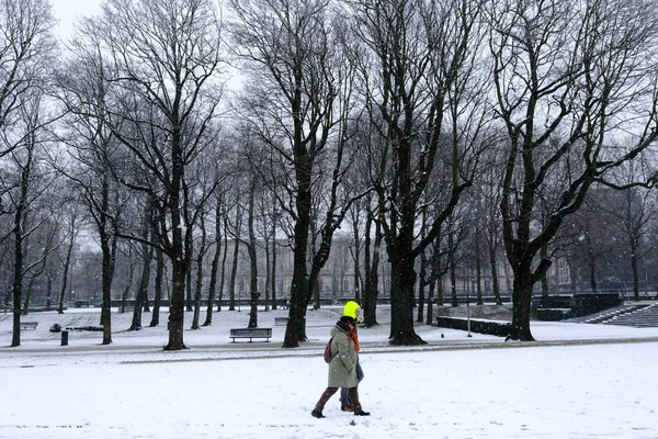 사람들은 2023 브뤼셀 시에서 내리는 동안걷는다 — 스톡 사진