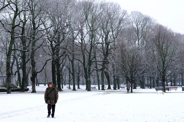 Άνθρωποι Περπατούν Κατά Διάρκεια Μιας Χιονόπτωση Στην Πόλη Των Βρυξελλών — Φωτογραφία Αρχείου