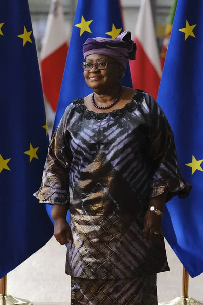 Charles Michel Presidente Del Consejo Europeo Bienvenida Ngozi Okonjo Iweala — Foto de Stock