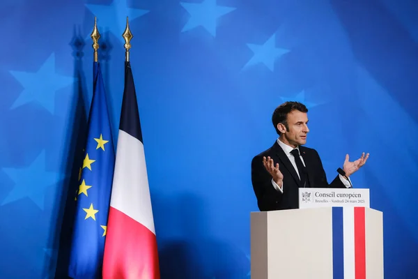 Президент Франції Еммануель Макрон Виступає Під Час Прес Конференції Після — стокове фото