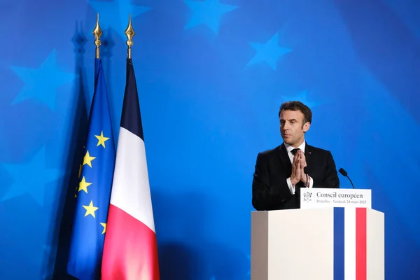 Presidente Francês Emmanuel Macron Discursa Durante Uma Conferência Imprensa Após — Fotografia de Stock