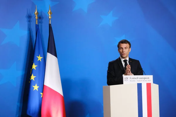 Президент Франції Еммануель Макрон Виступає Під Час Прес Конференції Після — стокове фото
