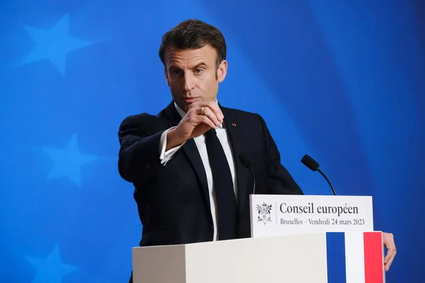 French President Emmanuel Macron Speaks Press Conference Summit Headquarters Brussels — Stock Photo, Image