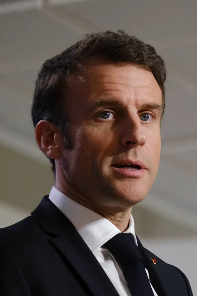 Franse President Emmanuel Macron Spreekt Tijdens Een Persconferentie Een Top — Stockfoto