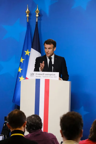 Presidente Francês Emmanuel Macron Discursa Durante Uma Conferência Imprensa Após — Fotografia de Stock