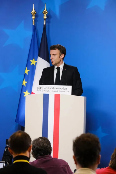 Fransa Cumhurbaşkanı Emmanuel Macron Zirvesi Sonrasında Mart 2023 Brüksel Belçika — Stok fotoğraf