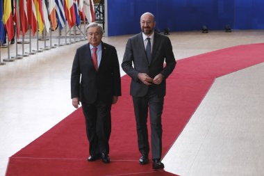 BM Genel Sekreteri Antonio Guterres ve Avrupa Konseyi Başkanı Charles Michel 23 Mart 2023 'te Brüksel' deki AB karargahına bir AB Zirvesi için geldiler.. 