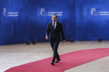 Kıbrıs Rum Cumhurbaşkanı Nikos Hristodoulides AB Zirvesi için 23 Mart 2023 'te Brüksel, Belçika' daki AB genel merkezine geldi..