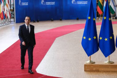 Kıbrıs Rum Cumhurbaşkanı Nikos Hristodoulides AB Zirvesi için 23 Mart 2023 'te Brüksel, Belçika' daki AB genel merkezine geldi..