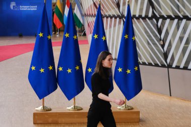 Finlandiya Başbakanı Sanna Marin AB Zirvesi için 23 Mart 2023 'te Brüksel' deki AB genel merkezine geliyor..